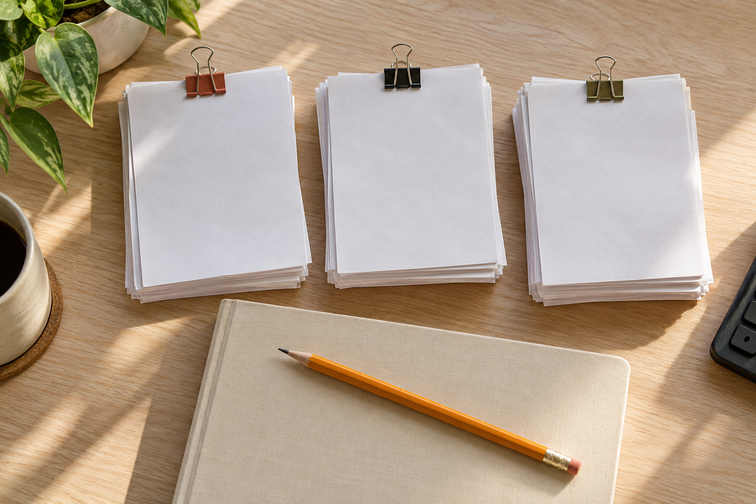 Three clipped stacks of paper sit beside a closed ledger and pencil on a sunlit wooden finance desk.