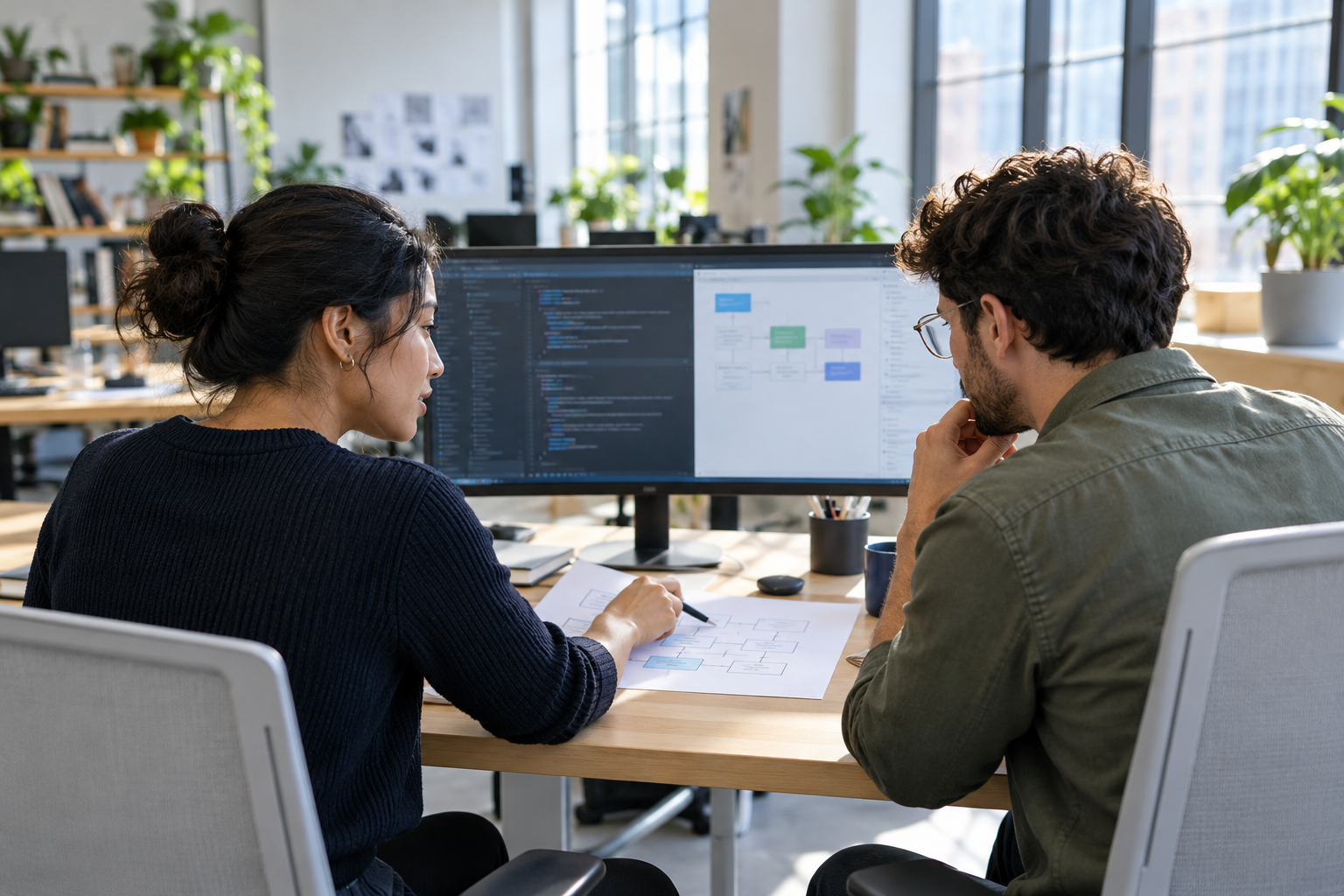 Two software colleagues compare a paper workflow sketch beside a wide monitor in a bright shared studio.