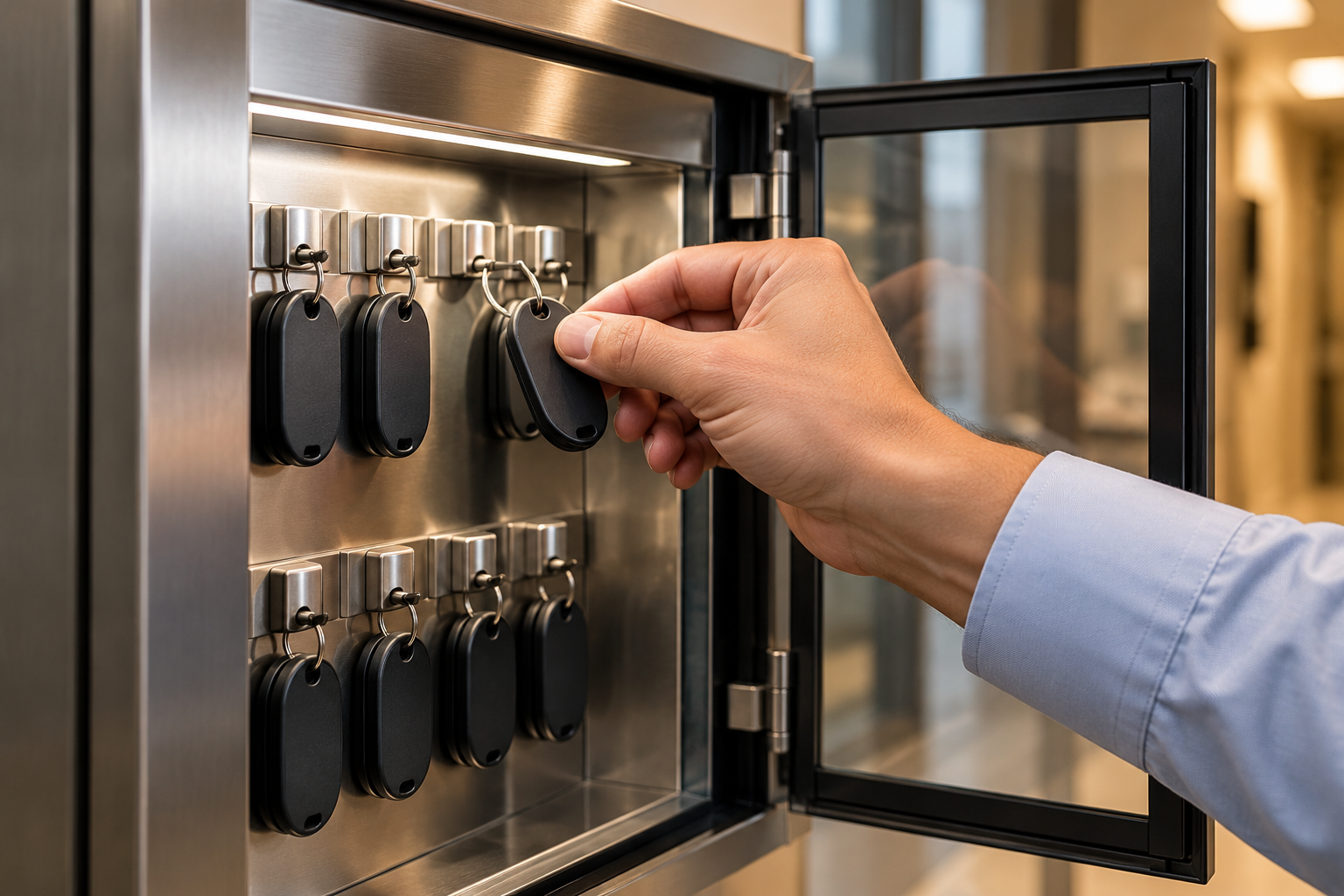 A hand selects one plain access token from a metal key cabinet while other tokens remain on separate hooks.