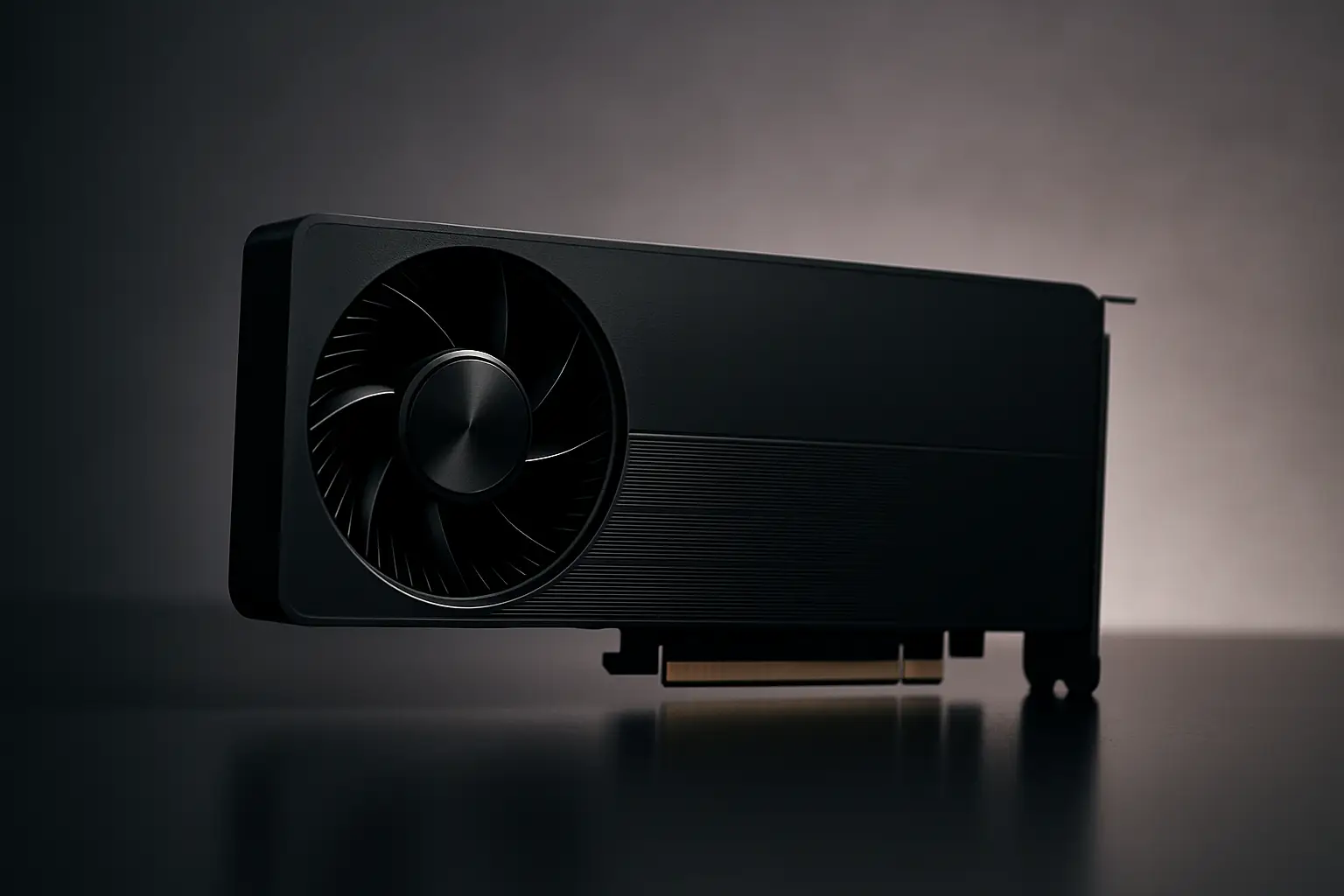 Close-up of a black workstation graphics card angled on a reflective surface with a softly lit gradient background.