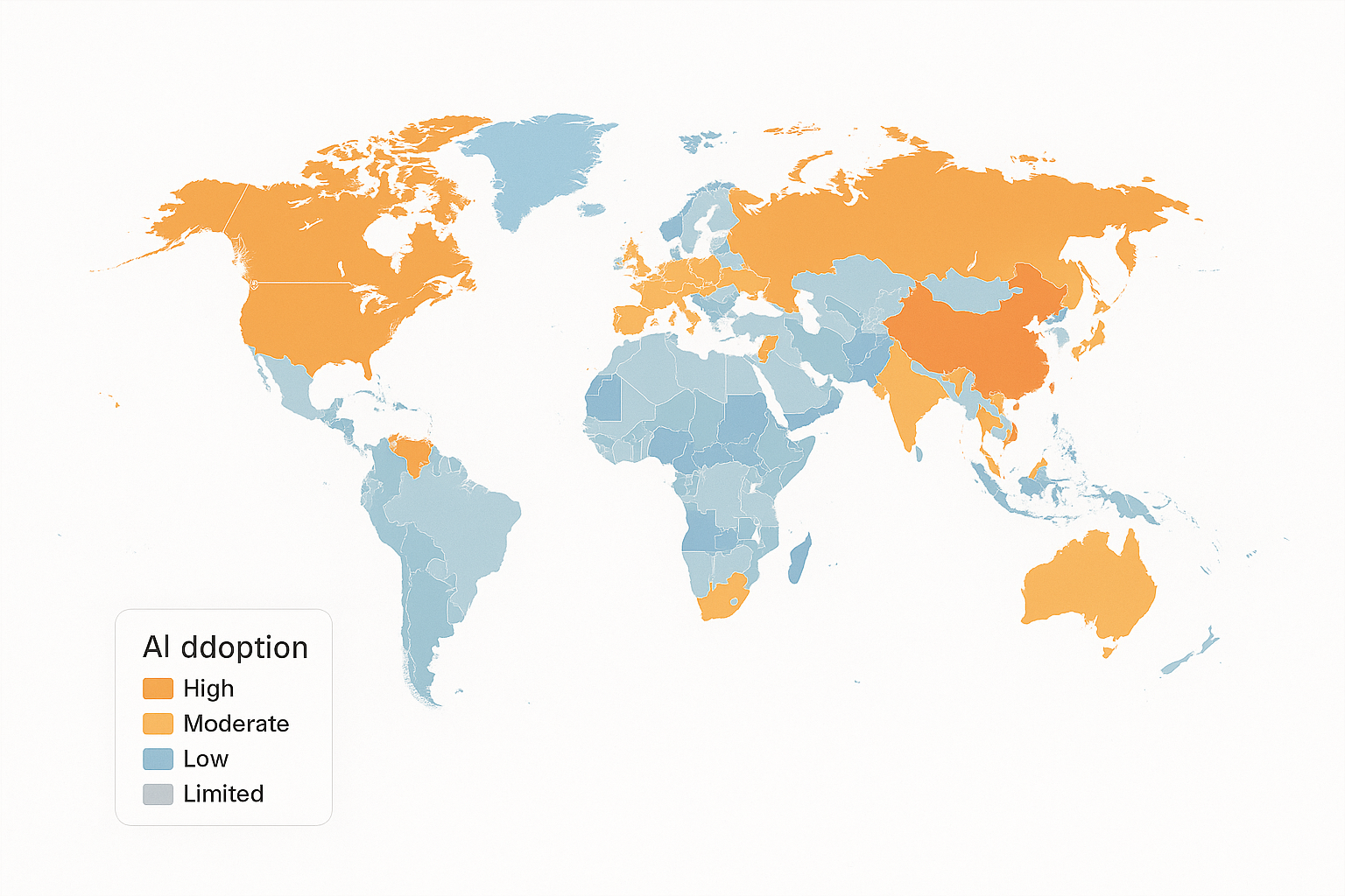 World map shaded by tiers showing regional differences in AI usage, with a legend indicating adoption levels.