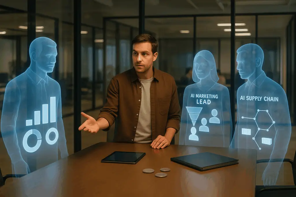 A solo professional in a modern coworking space works at a desk while three translucent holographic colleagues representing finance, marketing, and supply chain stand nearby with abstract glyphs, under neutral lighting in a clean 3:2 composition.