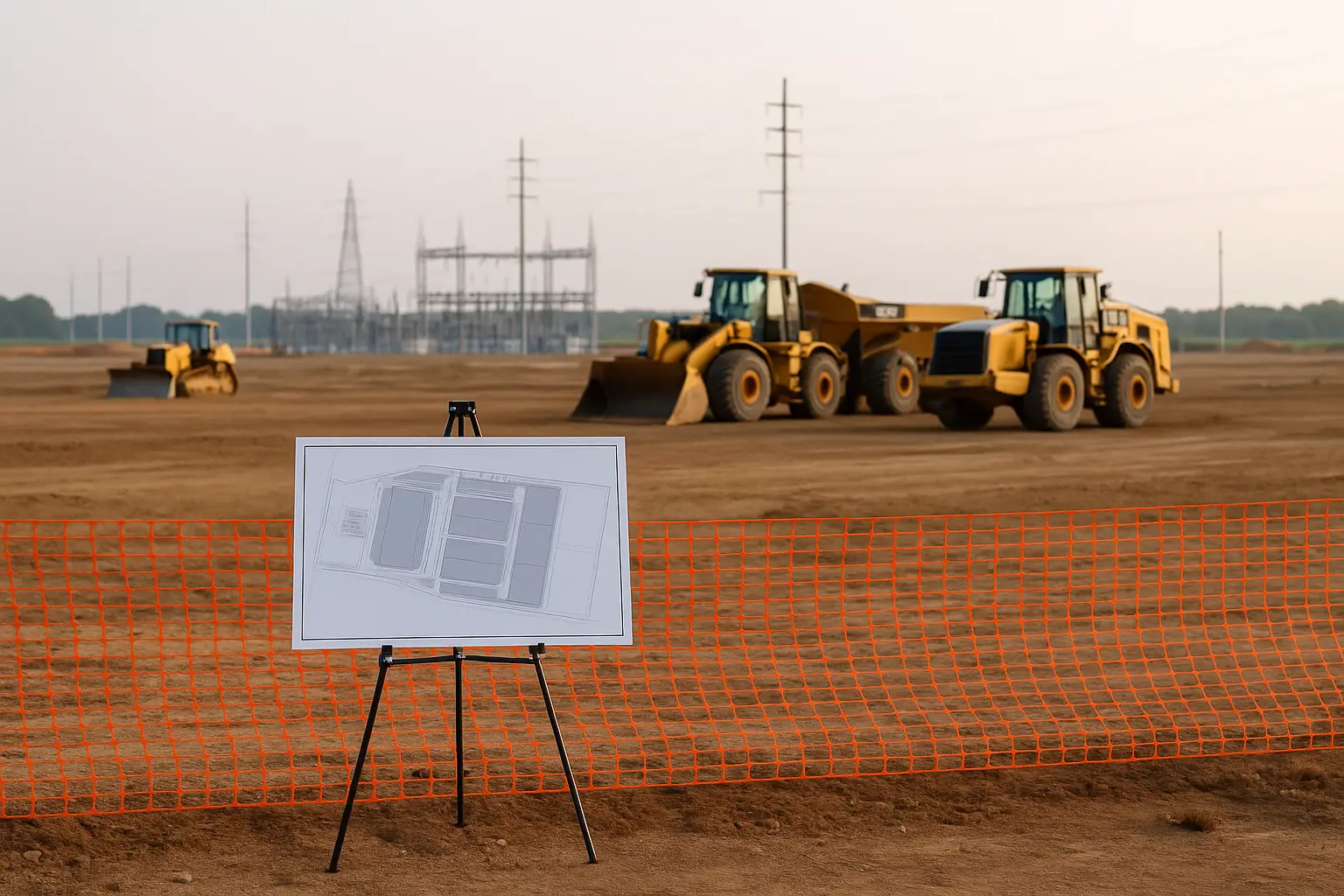 A construction site with heavy equipment, a large site map board, and officials observing near an open field prepared for a future data center.