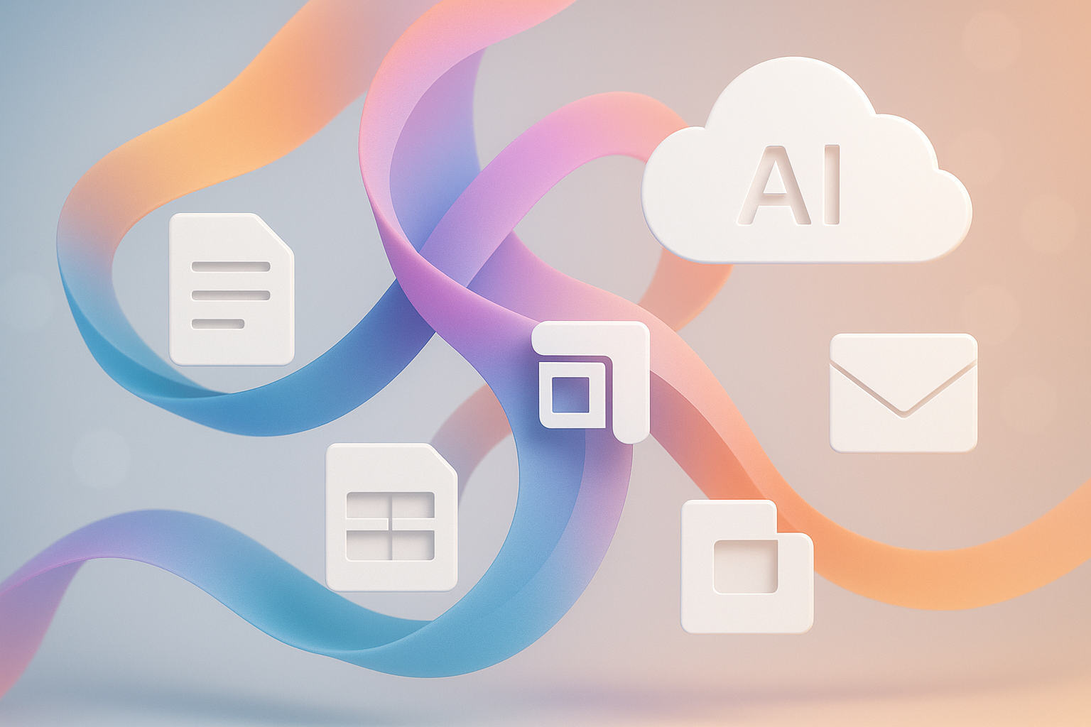 Abstract ribbons of light with generic productivity app symbols floating above, suggesting documents, email, and spreadsheets.