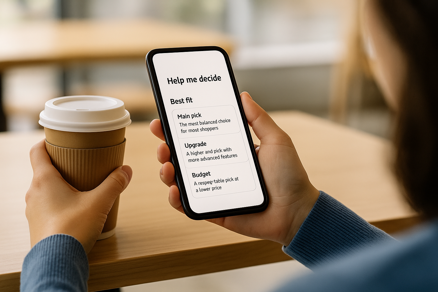 Hand holds a smartphone with a Help Me Decide recommendation screen and buttons, next to a takeaway coffee cup.