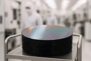 Close view of a silicon wafer stack on a cleanroom cart with blurred fabrication tools in the background.