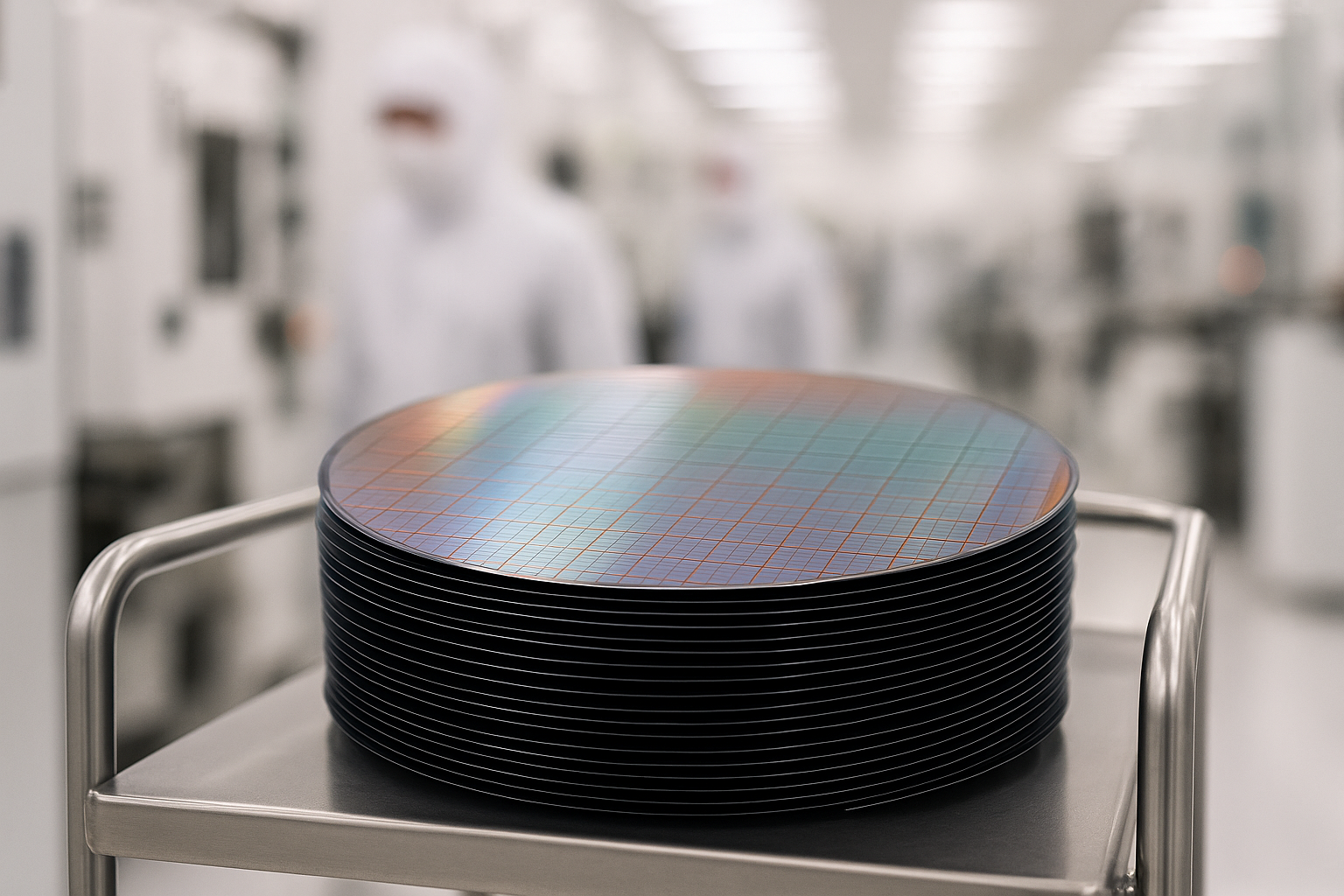 Close view of a silicon wafer stack on a cleanroom cart with blurred fabrication tools in the background.