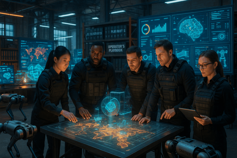 Five people standing around an AI strategy table.