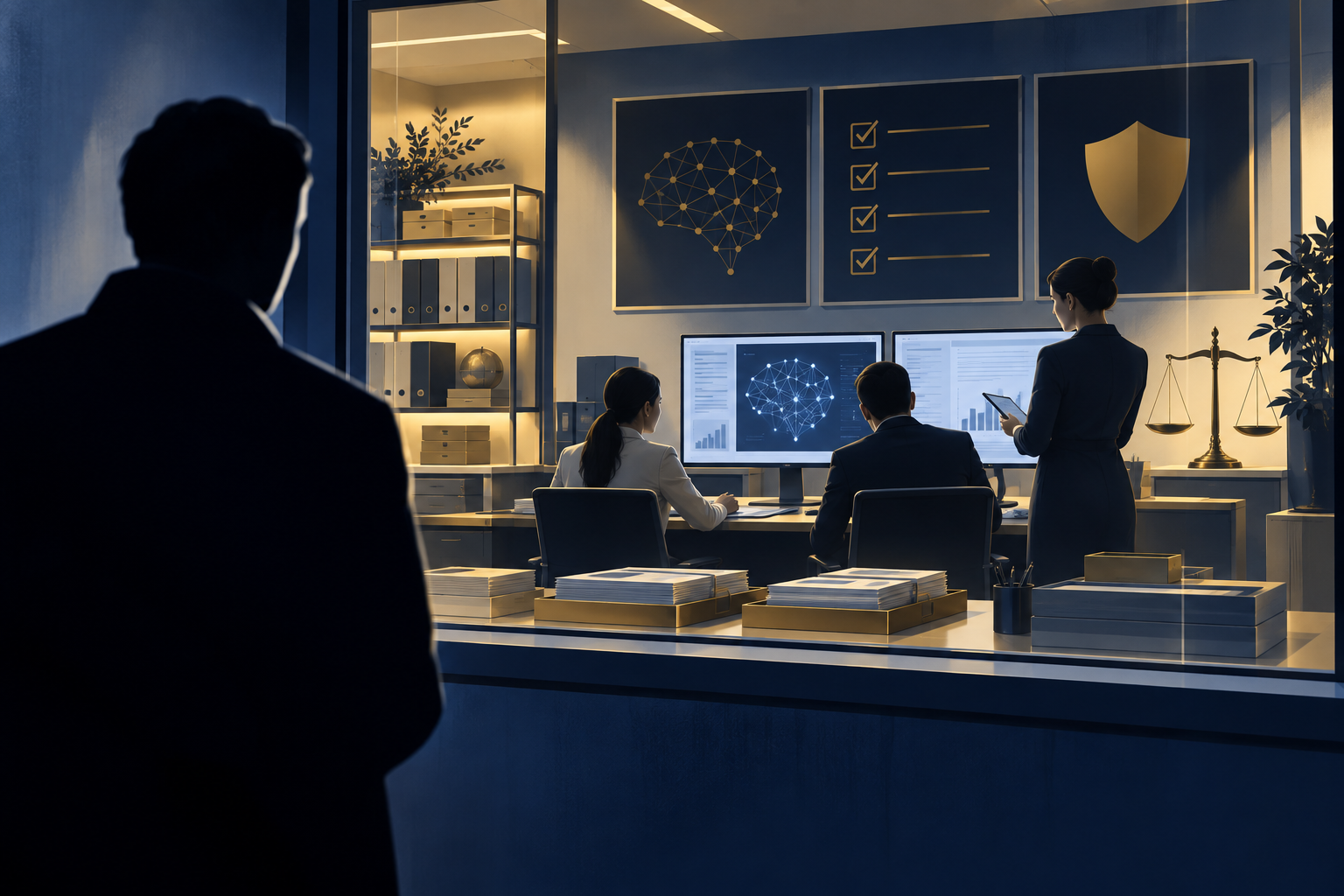 An anonymous outside reviewer observes an evaluation workspace through a clear window with visible records.