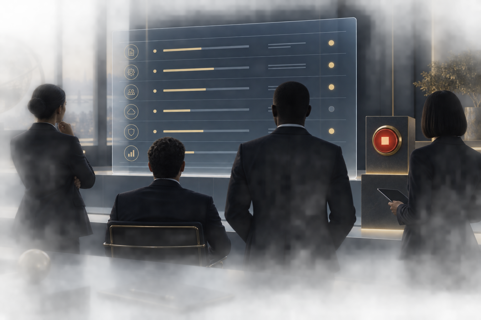 An anonymous team views a transparent activity board beside a distinct red stop control in a navy workspace.