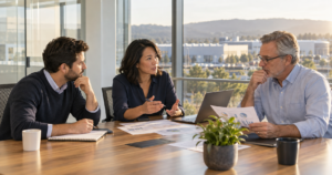 Three leaders discuss evidence around a table, with a laptop supporting their decision-making conversation.