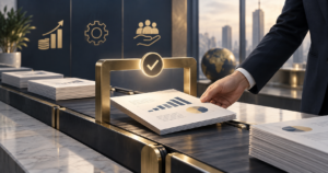 A business report passes a gold approval checkpoint, with an anonymous hand guiding it through.