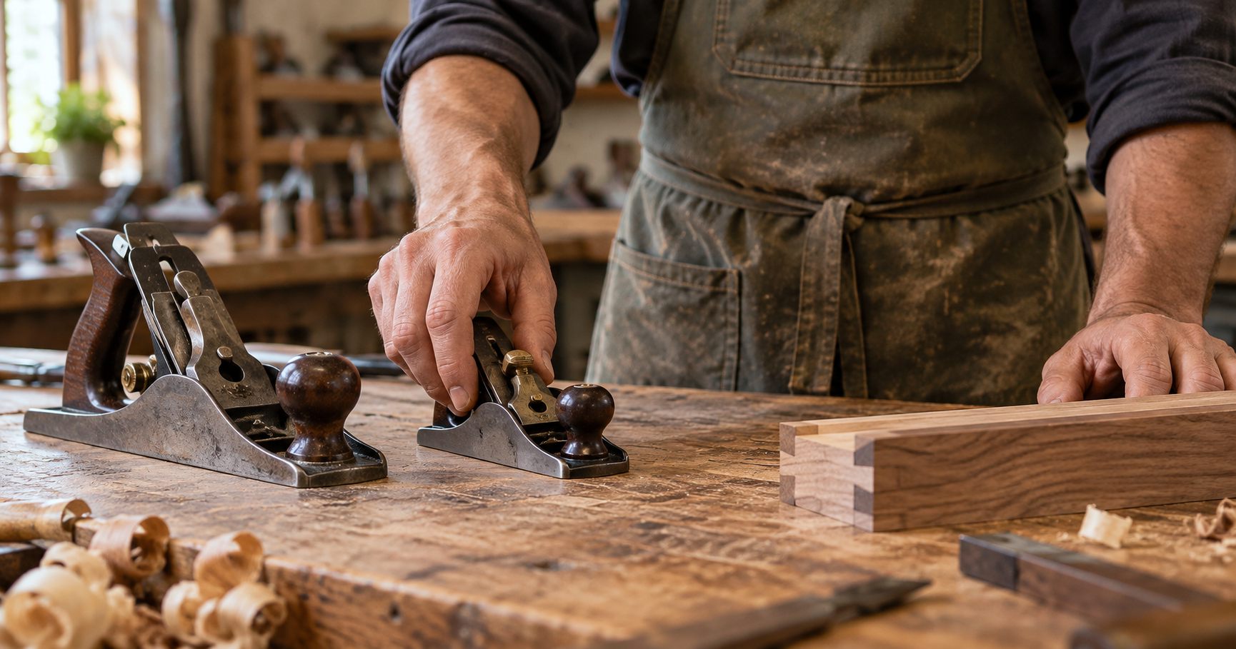 A craftsperson selects a small hand plane beside a larger plane and a timber joint on a workshop bench.