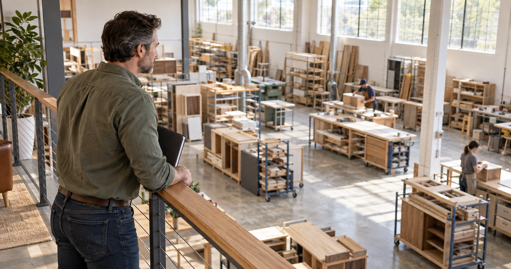 A workshop owner looks across an active furniture shop from a mezzanine, considering the work below.