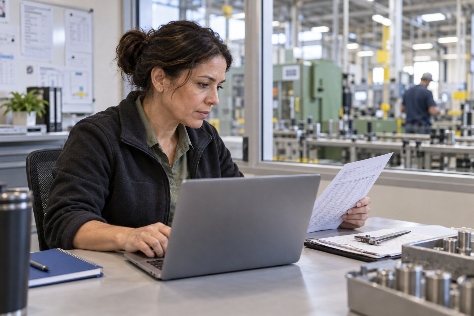 An operations manager compares a paper worksheet with a laptop beside a working manufacturing floor.