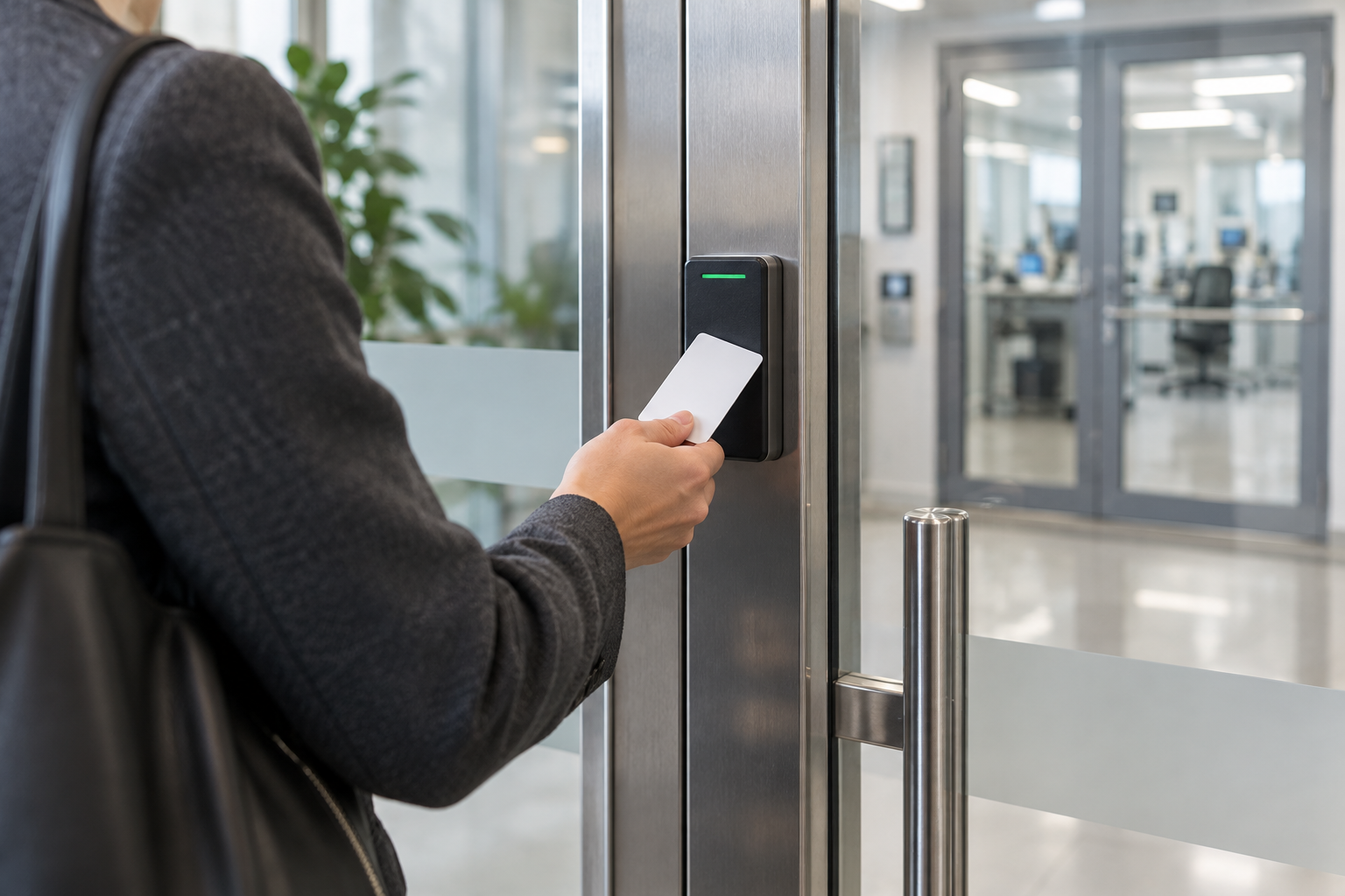 A professional holds a plain badge to a reader at a controlled glass doorway into a research workspace.