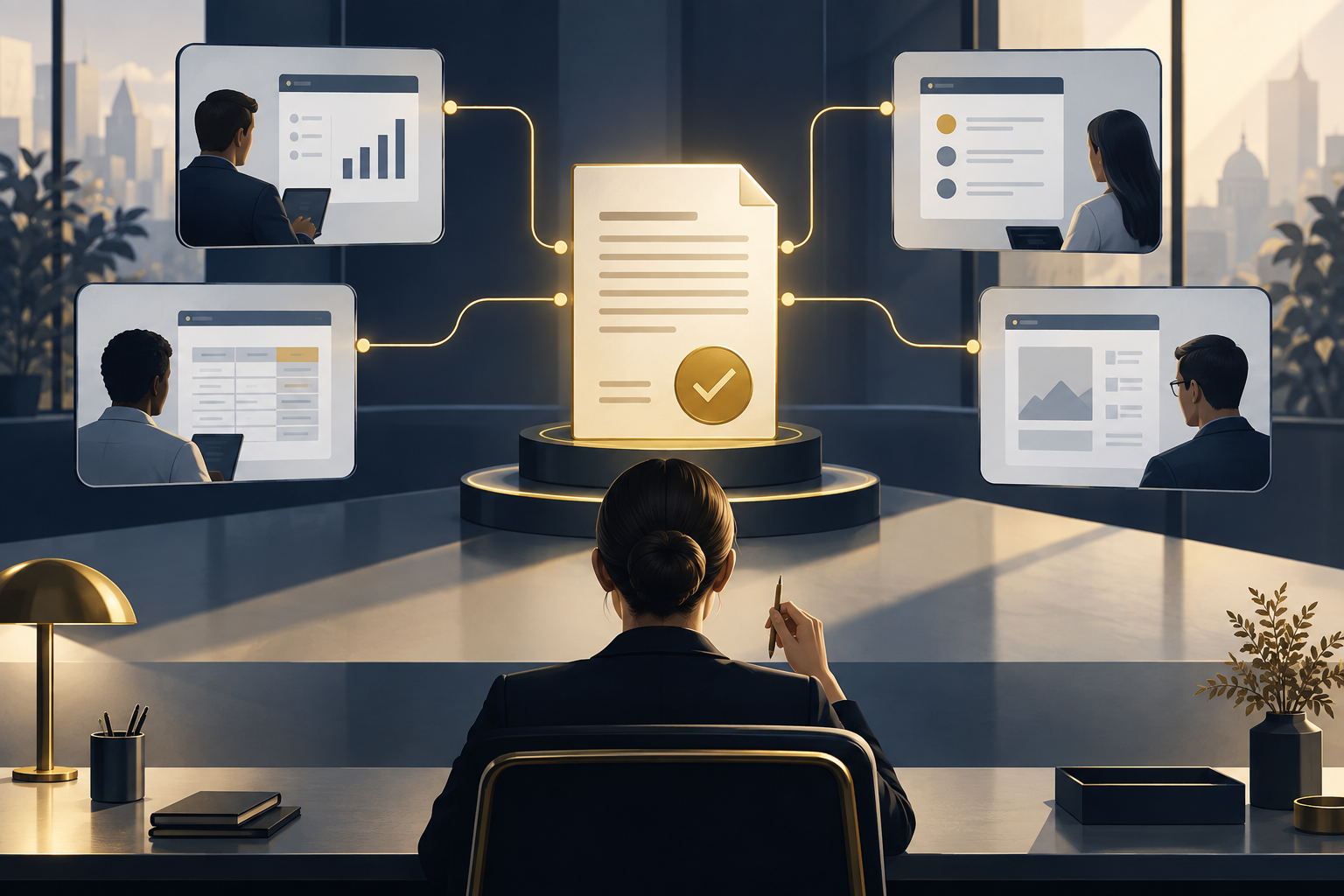 An abstract business record connects several workplace screens beside a clear human approval checkpoint.