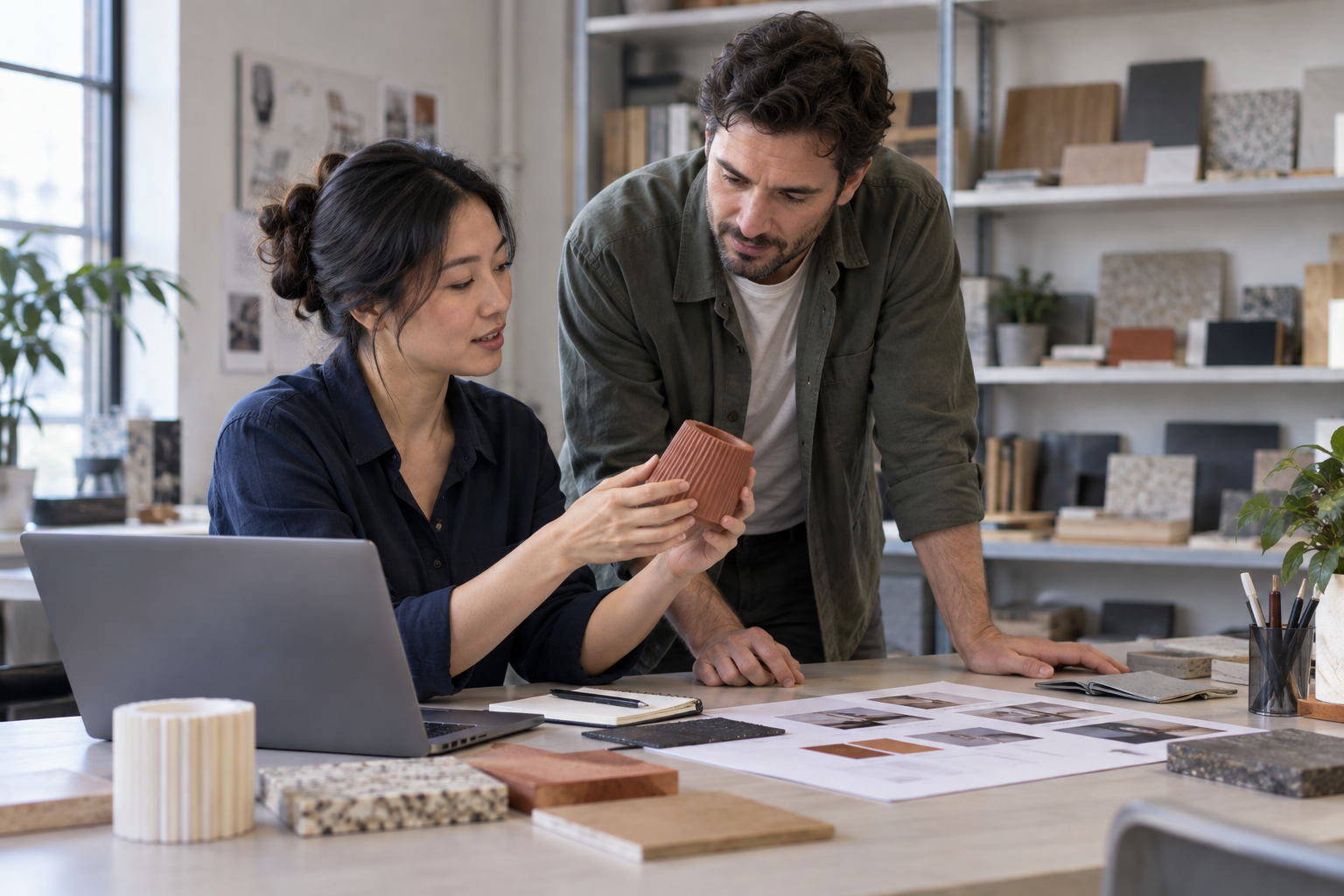 Bring the work and its evidence together Two colleagues compare a material sample beside an open laptop at a contemporary product design studio.