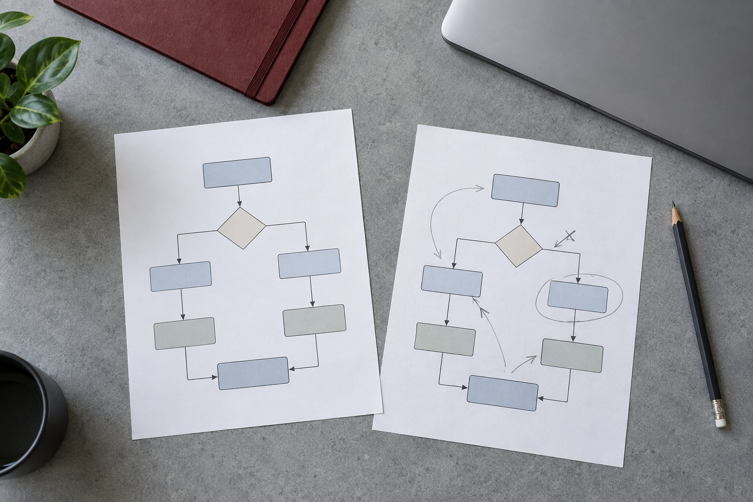 Two sheets of simple workflow diagrams with pencil corrections sit beside a closed laptop on a gray work surface.