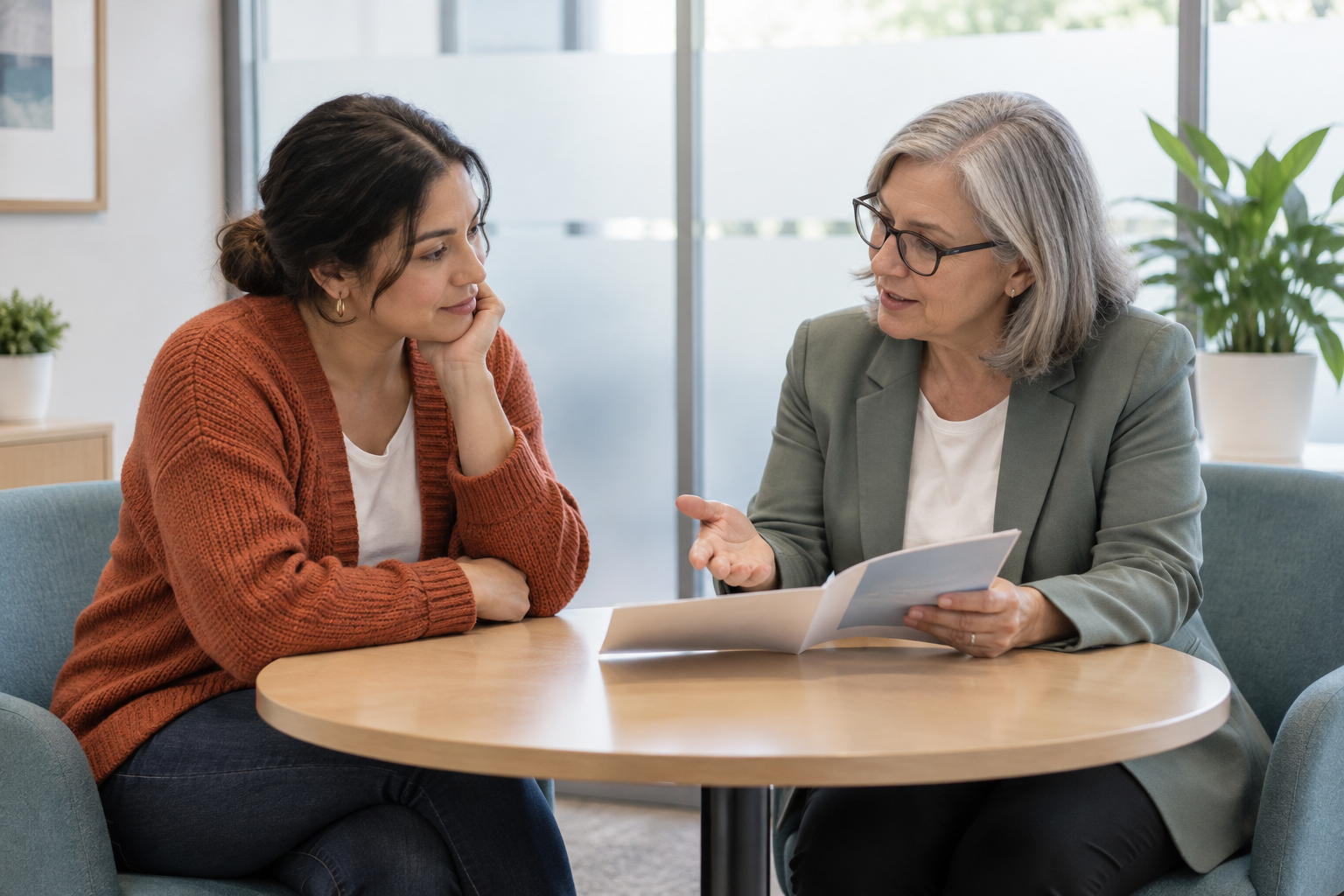 An employee and an adviser discuss a folded booklet at a round table in a quiet workplace consultation room.