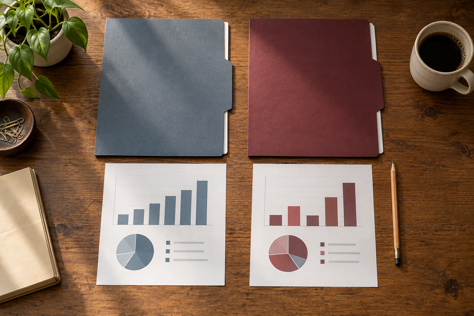 Compare the evidence for each project Two unlabeled project folders and printed charts lie side by side on a wooden desk for a finance review.