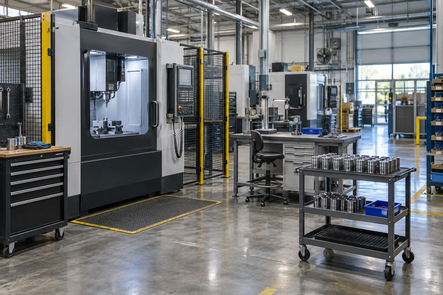 A machining cell, inspection bench, and cart of metal parts share an orderly factory floor.