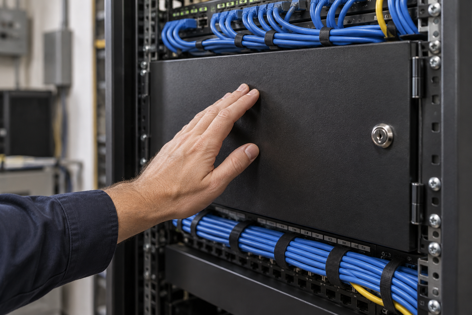 Keep access boundaries visible A technician’s hand rests on a closed network rack door beside tidy cables in a small equipment room.