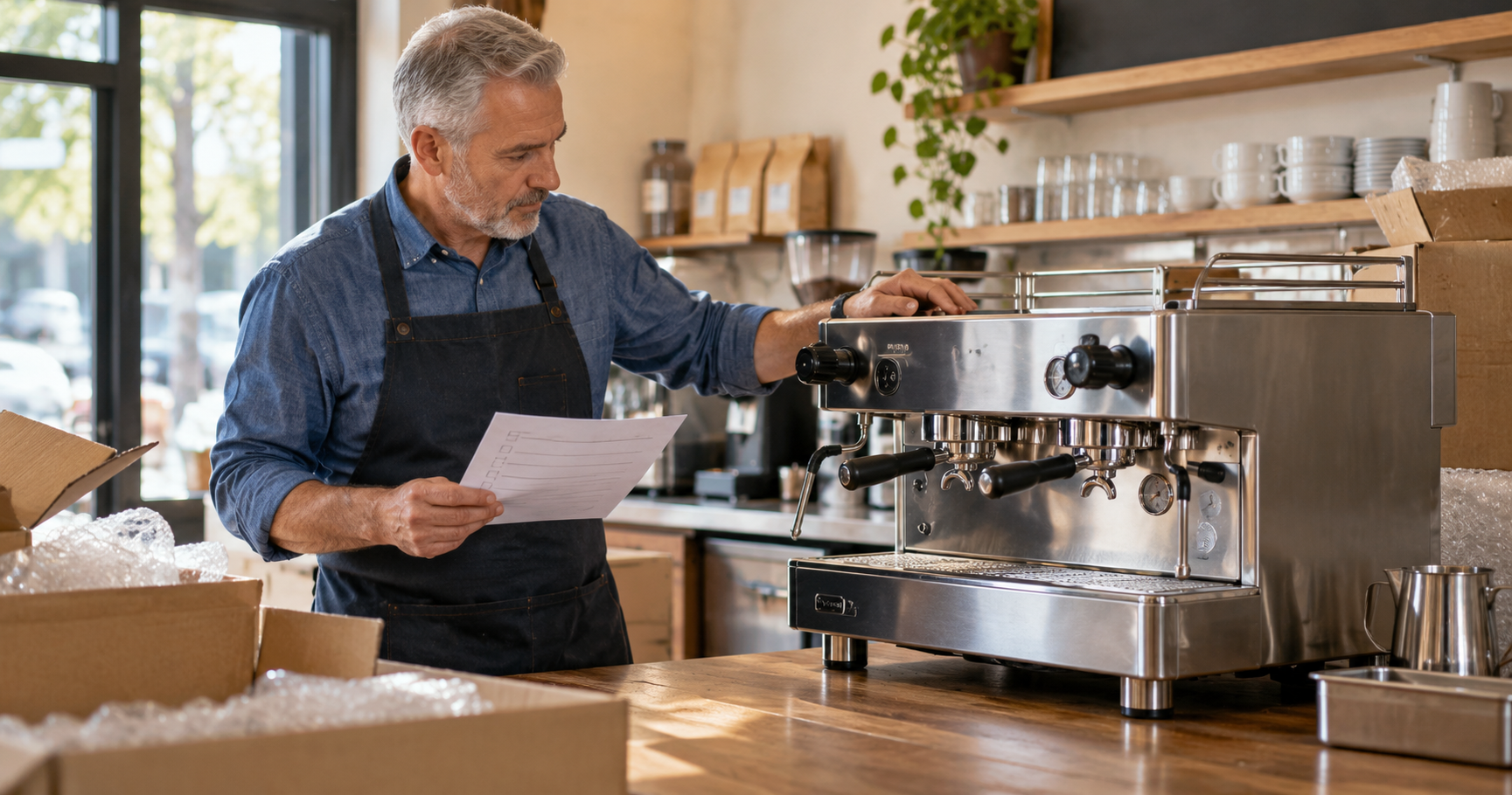 A cafe owner checks a delivered espresso machine against a paper checklist before putting it to work.