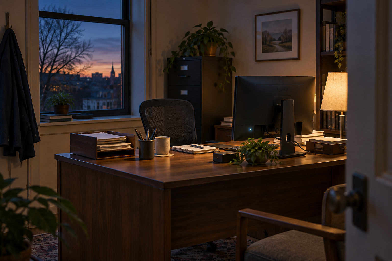 An empty office at dusk holds a computer, paper trays, and a lit desk lamp after the working day ends.