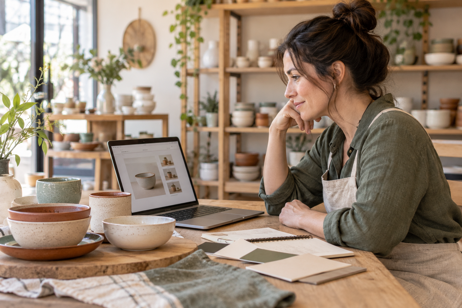 A shop owner compares ceramic products and samples with a storefront design on a laptop at a retail table.