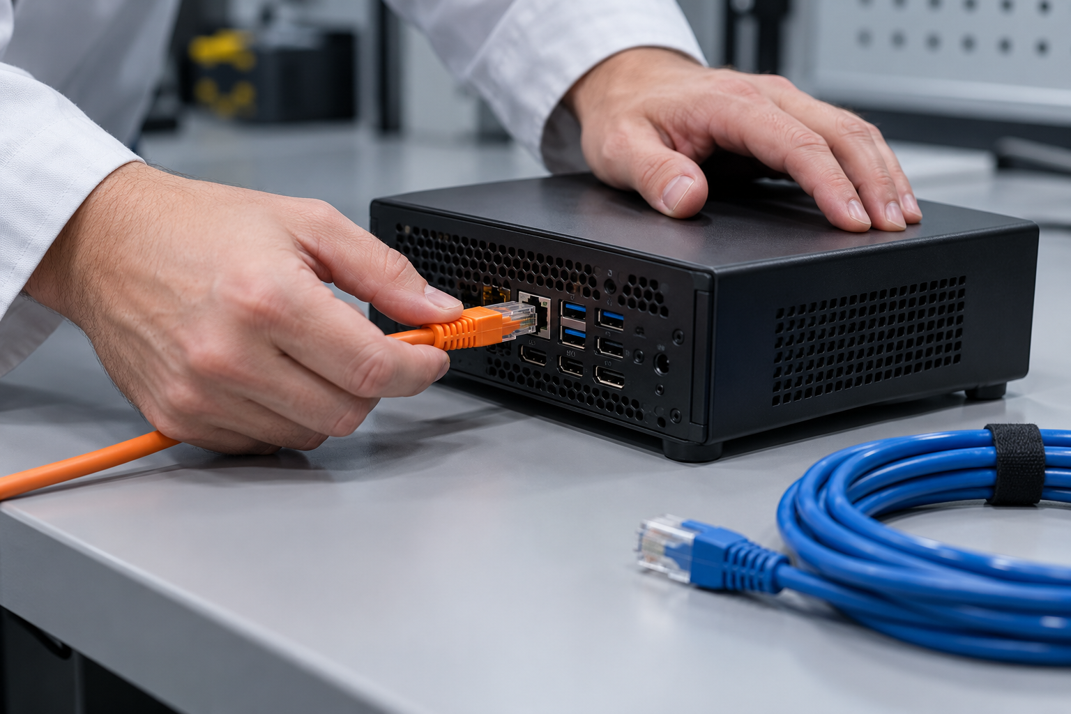 A technician connects an orange cable to a compact test computer while a blue cable remains separate.
